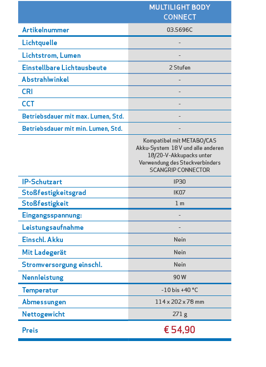,,MULTILIGHT BODY CONNECT,,Artikelnummer,03.5696C,,Lichtquelle,-,,Lichtstrom, Lumen,-,,Einstellbare Lichtausbeute,2 S...