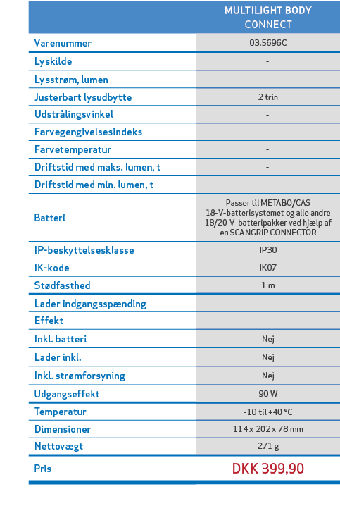 ,,MULTILIGHT BODY CONNECT,,Varenummer,03.5696C,,Lyskilde, ,,Lysstr m, lumen, ,,Justerbart lysudbytte,2 trin,,Udstr li...