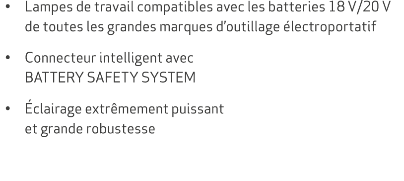 • Lampes de travail compatibles avec les batteries 18 V/20 V de toutes les grandes marques d’outillage lectroportati...