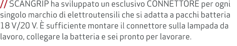 // SCANGRIP ha sviluppato un esclusivo CONNETTORE per ogni singolo marchio di elettroutensili che si adatta a pacchi ...