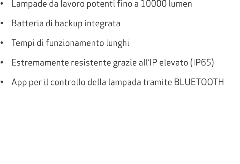 • Lampade da lavoro potenti fino a 10000 lumen • Batteria di backup integrata • Tempi di funzionamento lunghi • Estre...