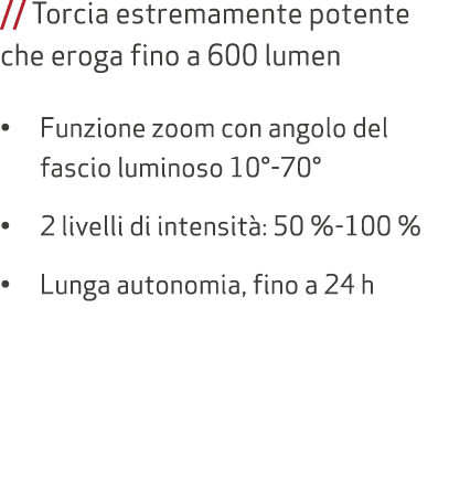 // Torcia estremamente potente che eroga fino a 600 lumen • Funzione zoom con angolo del fascio luminoso 10° 70° • 2 ...