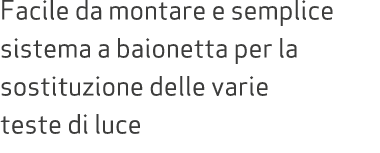 Facile da montare e semplice sistema a baionetta per la sostituzione delle varie teste di luce