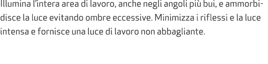 Illumina l’intera area di lavoro, anche negli angoli pi bui, e ammorbidisce la luce evitando ombre eccessive. Minimi...