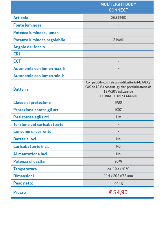 ,,MULTILIGHT BODY CONNECT,,Articolo,03.5696C,,Fonte luminosa, ,,Potenza luminosa, lumen, ,,Potenza luminosa regolabil...