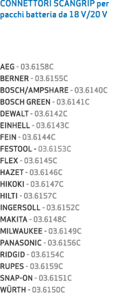 CONNETTORI SCANGRIP per pacchi batteria da 18 V/20 V AEG 03.6158C BERNER 03.6155C BOSCH/AMPSHARE 03.6140C BOSCH GREEN...