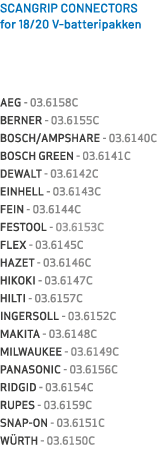 SCANGRIP CONNECTORS for 18/20 V batteripakken AEG 03.6158C BERNER 03.6155C BOSCH/AMPSHARE 03.6140C BOSCH GREEN 03.614...