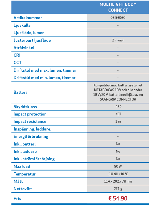 ,,MULTILIGHT BODY CONNECT,,Artikelnummer,03.5696C,,Ljusk lla, ,,Ljusfl de, lumen, ,,Justerbart ljusfl de,2 niv er,,St...