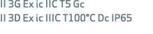 II 3G Ex ic IIC T5 Gc II 3D Ex ic IIIC T100°C Dc IP65