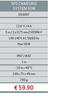 SPS CHARGING SYSTEM 50W,03.6007, ,12.6 V / 4 A,5 m / 2 x 0,75 mm2 H05RN F,100 240 V AC 50/60 Hz,Max 50 W, ,IP67 / IK0...