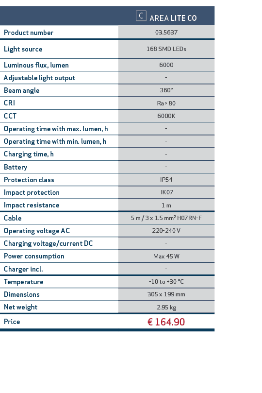 ,￼ AREA LITE CO,Product number,03.5637,Light source,168 SMD LEDs,Luminous flux, lumen,6000,Adjustable light output, ,...
