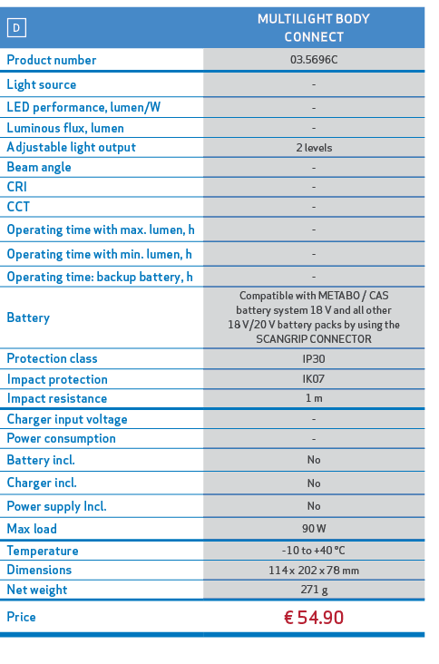 ￼,MULTILIGHT BODY CONNECT,Product number,03.5696C,Light source, ,LED performance, lumen/W, ,Luminous flux, lumen, ,Ad...