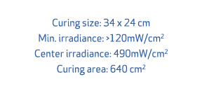 Curing size: 34 x 24 cm Min. irradiance: >120mW/cm2 Center irradiance: 490mW/cm2 Curing area: 640 cm2