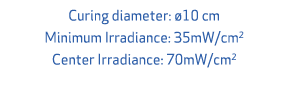 Curing diameter: 10 cm Minimum Irradiance: 35mW/cm2 Center Irradiance: 70mW/cm2 