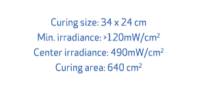 Curing size: 34 x 24 cm Min. irradiance: 120mW/cm2 Center irradiance: 490mW/cm2 Curing area: 640 cm2