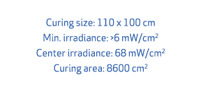 Curing size: 110 x 100 cm Min. irradiance: 6 mW/cm2 Center irradiance: 68 mW/cm2 Curing area: 8600 cm2