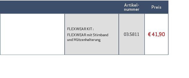 ,Artikel nummer,Preis ,,FLEX WEAR KIT : FLEX WEAR mit Stirnband und M tzenhalterung,03.5811,€ 41,90