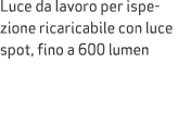 Luce da lavoro per ispezione ricaricabile con luce spot, fino a 600 lumen 