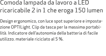 Comoda lampada da lavoro a LED ricaricabile 2 in 1 che eroga 150 lumen Design ergonomico, con luce spot superiore e i...