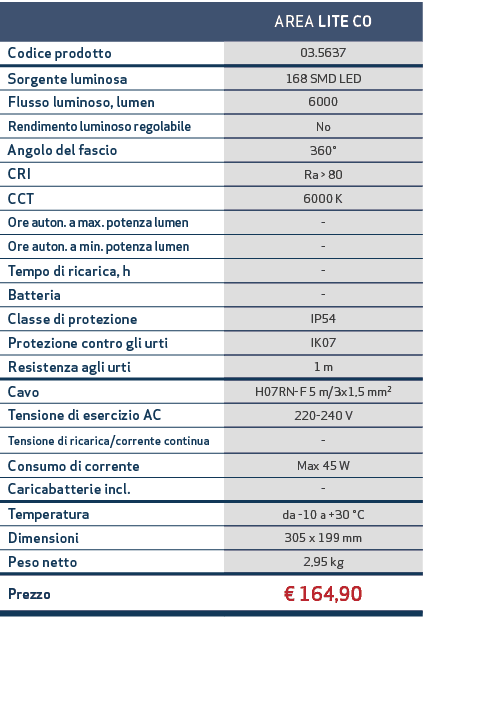 ,AREA LITE CO,Codice prodotto,03.5637,Sorgente luminosa,168 SMD LED,Flusso luminoso, lumen,6000,Rendimento luminoso r...
