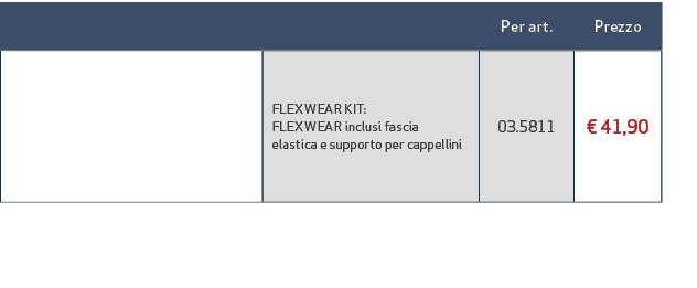 ,Per art. ,Prezzo ,,FLEX WEAR KIT: FLEX WEAR inclusi fascia elastica e supporto per cappellini,03.5811,€ 41,90