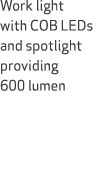 Work light with COB LEDs and spotlight providing 600 lumen