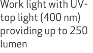 Work light with UV top light (400 nm) providing up to 250 lumen
